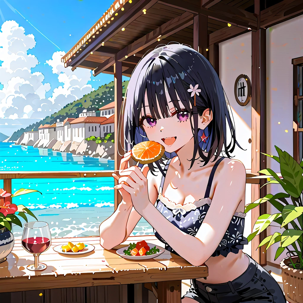 (masterpiece),(Highest quality),(Emotional)、A day at the beach。Going out to the beach with friends、playing。BBQ on the beach in the evening。A happy smile。