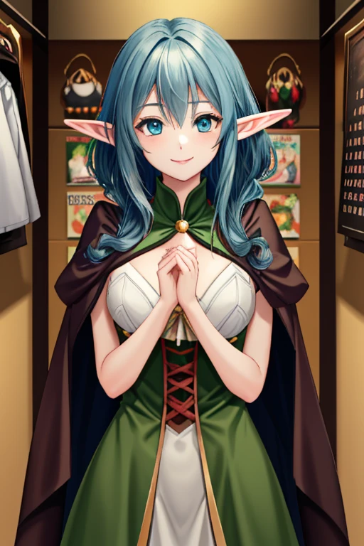 (girl in belts:1.2), (pixiv), (masterpiece), (high fantasy:1.2), (huge tits:1.2), (elf teal hair side braid blue eyes), (adventurer)