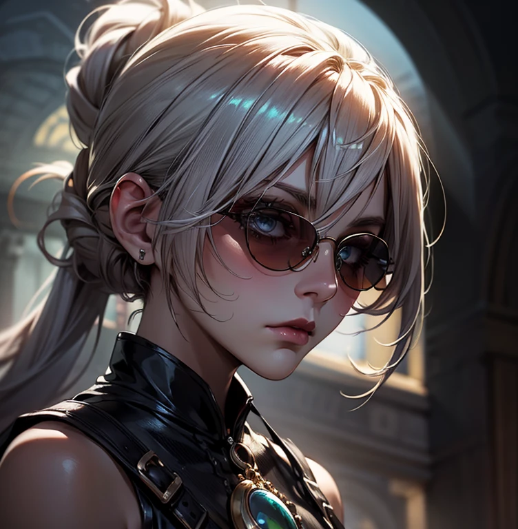 (chedevr), (Great), (Super detailed photos: 1.2), Super young woman, Beautiful, sexy for, burst, Eastern face, TV host, Broken, One, Black suit, Blue tie, Silver glasses, face is a little chubby, My face is already clean, no beard, Black super short hair, Black Глаз, confident smile, 3c Computer byproducts, iPad, iPhone, digital painting, Mark Cl arendon's 3D character design, Pixar and Hayao Miyazaki., This image is a high-definition image with 4K resolution.,Visual effects with highly detailed facial features and style..