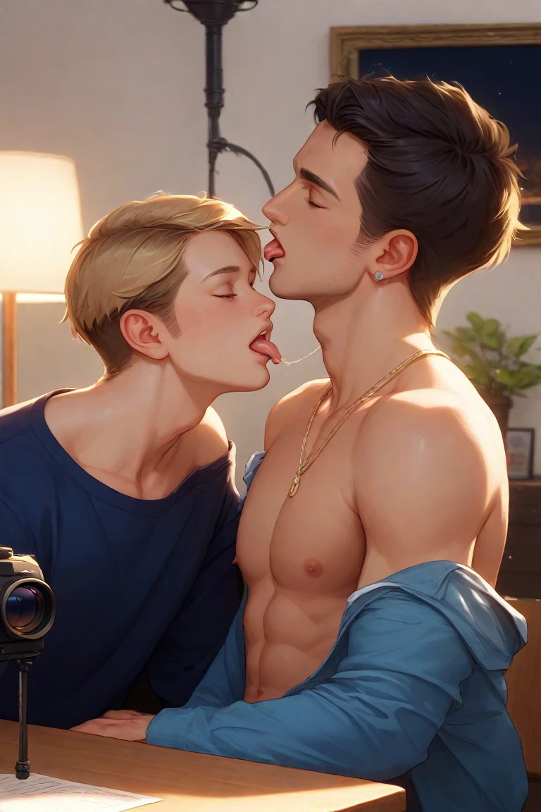The man in his 45s with black very short hair and smooth face with moustache. The woman in her 45s with brown wavy long hair. In bed. The man and the woman are naked. The woman is lying. The man is sucking the woman's vagina. Orgasm. Passion. Erotic. Night. Dim and dark environment. Realistic. Ultra realistic.
