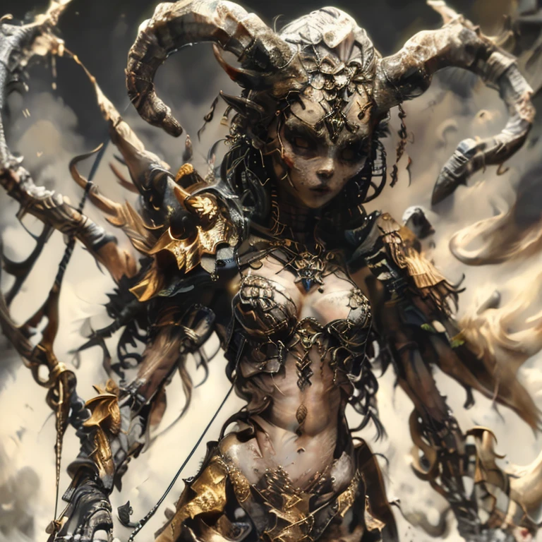 a female <lora:RPGLeraie:0.7> leraie ready for battle in the middle of the steppes, 1girl, solo, bikini top, upper body, horns, armor, blurry, grey skin, (red eyes), spine, bones, no humans, bow (weapon), ((looking at viewer)), realistic:1.1, depth of field, atmospheric effects, dangerous battlefield