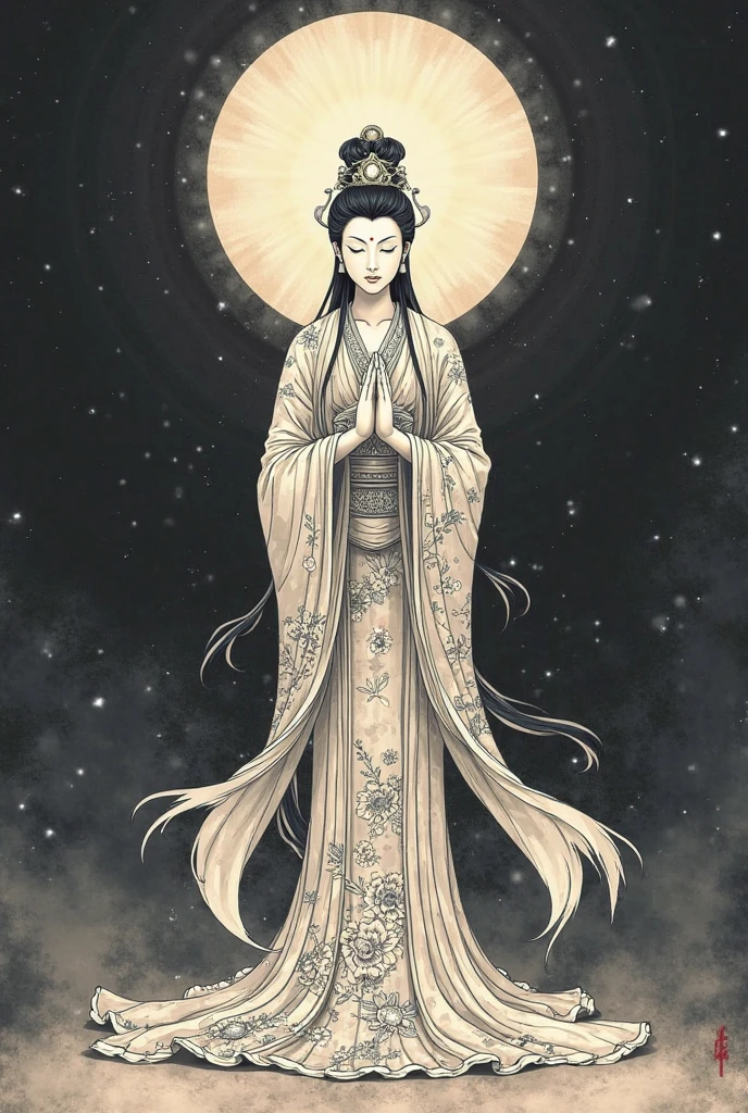 Line drawing, Buddhism, Guanyin Bosatsu costume, Japanese woman wearing a Tang dynasty costume, dark background, Radial Light Shines, and look at the camera, full body image, Showing her right palm next to her chest, lowering her left hand down to show her palm