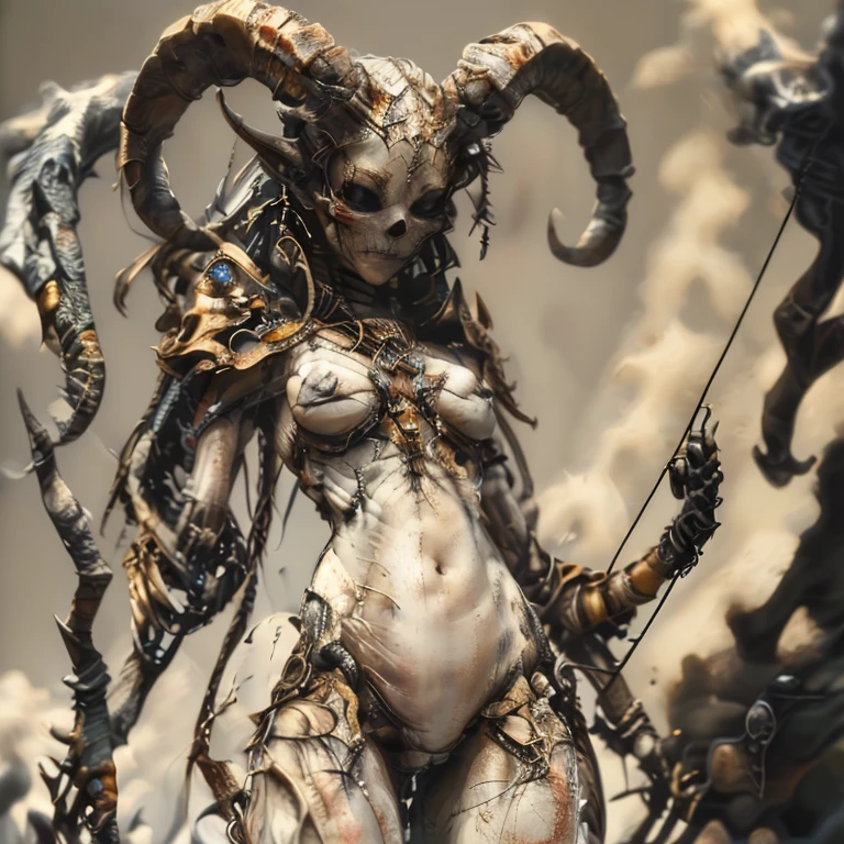 Full body like,fully body pose,A woman with a height of 180cm,Complicated details,(Latex skin:1.1)Big breasts and big breasts(Perfect shiny skin:1.2)Big breasts and big breasts(Moist skin:1.1),(very vey very detailed face),(tmasterpiece,realisticlying:1.3),(extremly intricate:1. 2)>,intricately details,(Sculptural skin texture:1.1)Big breasts and big breasts(shiny skins:1.2)Big breasts and big breasts(Slightly damp skin:1.1),A woman with a staff, horned ram goddess, gothic maiden shaman, shaman witch, she is dressed in shaman clothes, holding a goat head staff, a young female shaman, attractive tiefling druid, pagan goddess, a female druid, druid goddess, female revenant, alluring tiefling druid, The skull of her hips,The whole scene exudes a mysterious and eerie atmosphere。