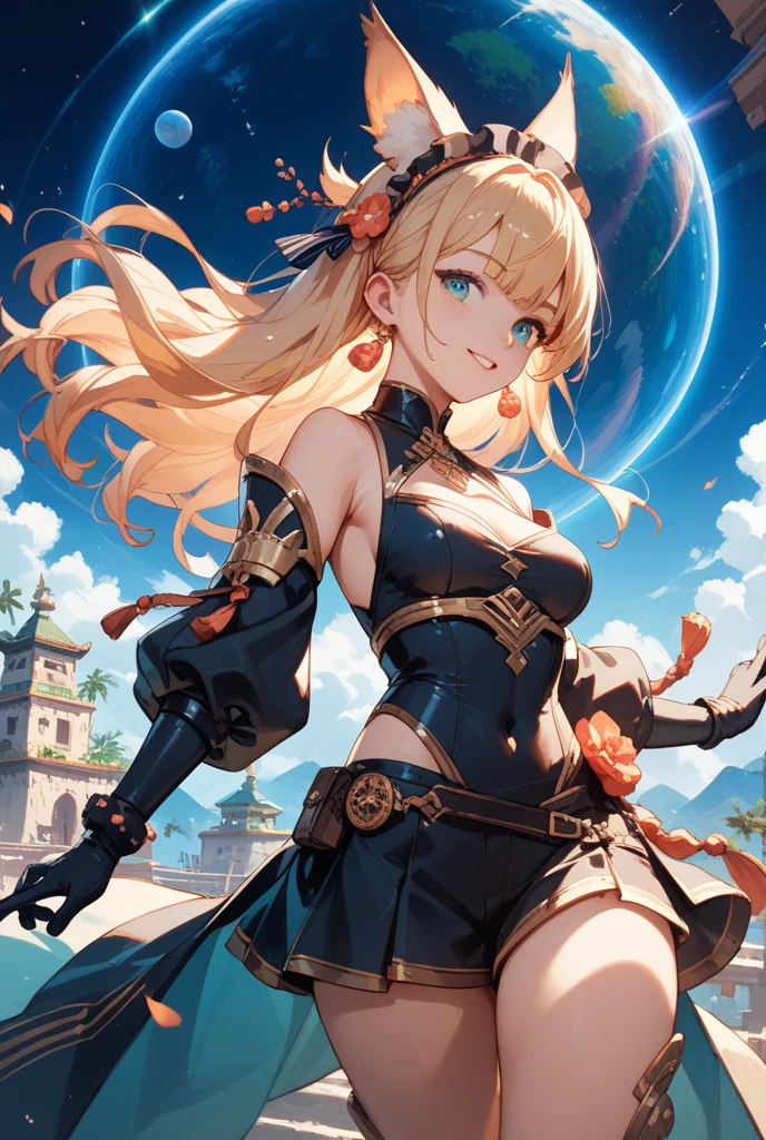 Female adult dragon with short blonde hair blue eyes has blue dragon horns wearing light blue armor with large dragon wing and a dragon tail has a large chest