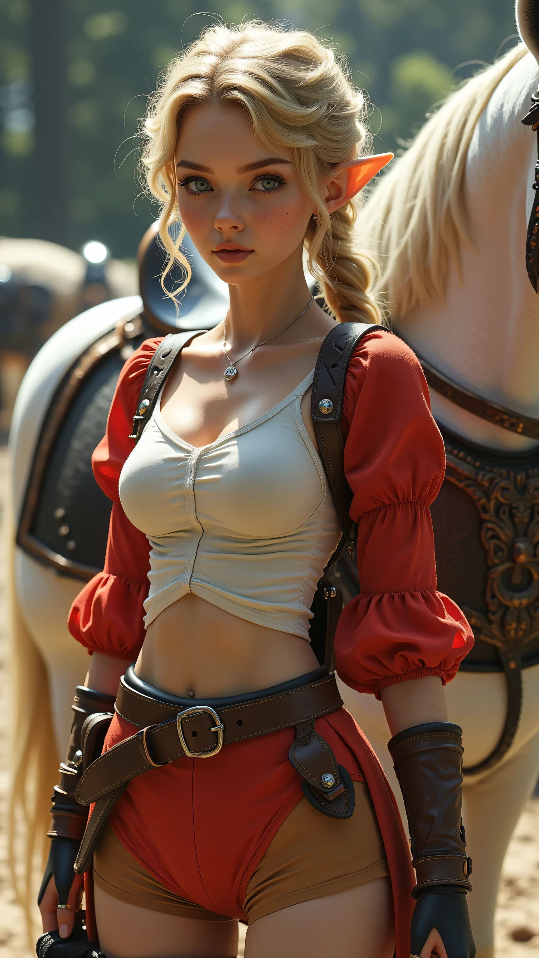 Insane sharp beautiful aesthetic airiest style: The scene is seen from far above off a beautiful slim female elf character, with short blonde curly hair, light blue eyes and freckles. Her clothes consists of a scarlet red, knee-length tunic with a white see through tanktop and a black belt. She wears tan translucent red shorts booties, brown leather boots, and fingerless gloves, with a short sword sheath and hylian shield strapped to her back. her pointed Hylian ears complete the iconic elf-like look. She stands in a casual pose leaning against an armored white horse. Although her facial features are smooth and anatomically perfect, she looks tired after the intens battle she just finished. Her blouse is half unbuttoned and shows her small breasts.
masterpiece, High Quality, high resolution, cinematic, highly detailed, ultra sharp, award-winning photograph, trending on art station, realistic, intricate details, immersive experience, Epic cinematic brilliant stunning intricate meticulously detailed dramatic atmospheric maximalist digital matte painting , playful atmosphere, 8K