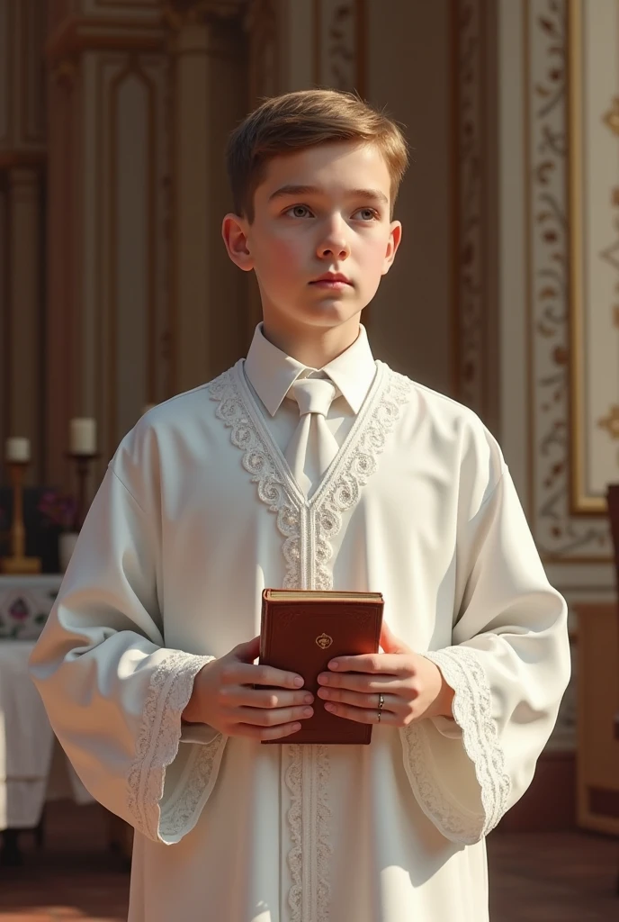 Young Catholic, with cross on chest, White shirt and black pants, sitting on the grass talking to God's boy, where you can breathe tranquility and spirituality, with a church in the dondo