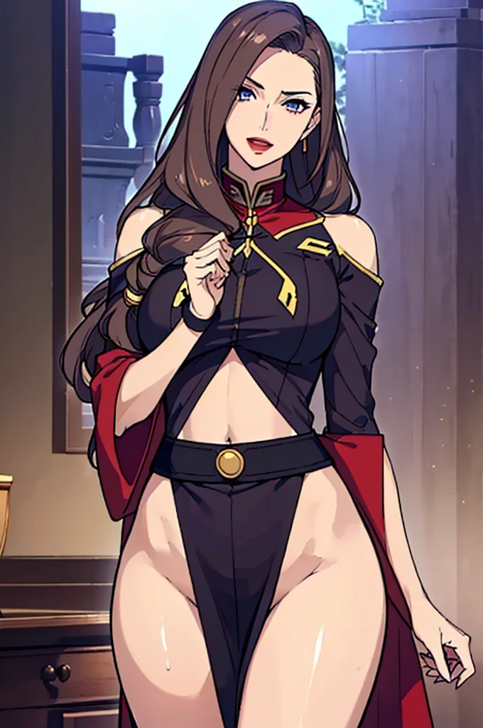 (masterpiece, best quality:1.2), cowboy shot, solo, 1girl, cinder fall wearing a red tube top with black shorts and thigh high boots, evil smile, looking at viewer, long hair, red dress, elbow gloves, in busy nightclub, (crotch bulge:1.3),
