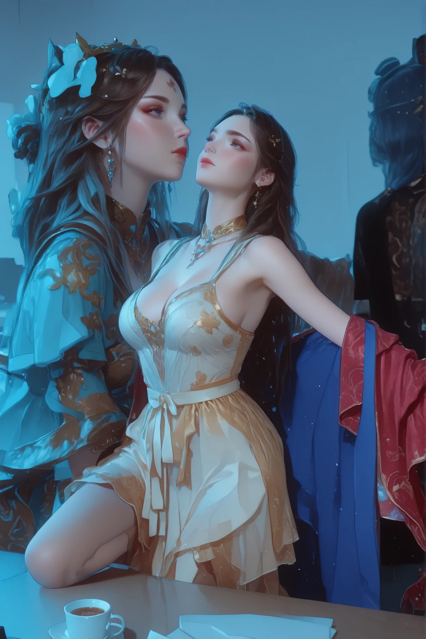 (absurdos, high resolusion, ultra detallado), 1人の女の子, sola, (pelo muy largo, cabello blanco), mangas largas, muchas joyas, cadenas, palacio, encerrada, dance, bailando, egipcia, arabe, baile del vientre