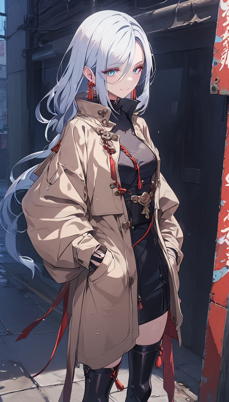 Long legs, long hair, gray hair, cyberpunk, depth of field, blurred background, thong, nudity, big breasts, cleavage, vaginal fissure, lace pajamas, no coat, sexy