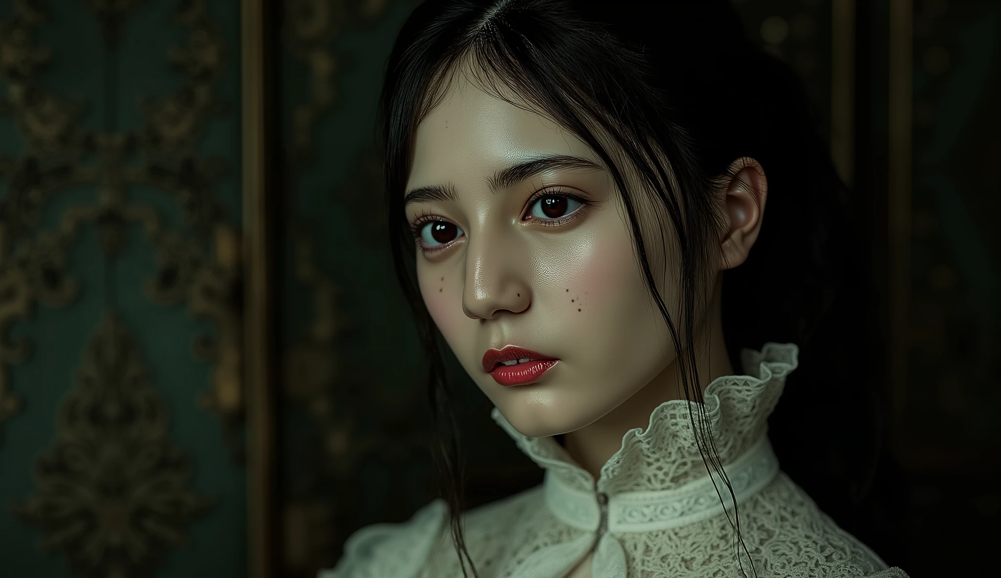 ((low key,dark bluish scene,dimly lit, soft lighting):1.4),enchanting elegance, atmospheric depth, masterful technique, naturalistic representations, harmonious composition, creative refinement, striking juxtapositions,
1girl,long hair bangs,white lace lingerie, oil painting, IMPRESSIONISM,
sad, depressing,
indoors <lora:fechin:0.75>