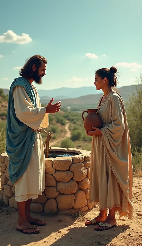 Jesus and the frightened Samaritan woman with a jug meeting at an old well in the field