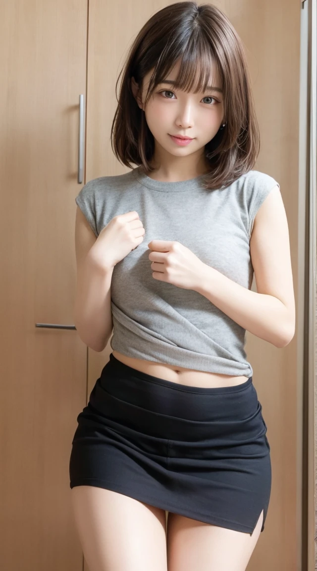 short brown-colored hair, beautiful white-colored skin just a little sunburned, wearing white t-shirt, wearing indigo short dennim pants, glamorous figure, small mouth, opening mouth a little, small nose, dimples, smooth shaped jawline, a little bit heavy makeup, sexy, smiling, narrowed eyes expression, sweating, a little bit glossy face, close-up shoot, angle looking up from below