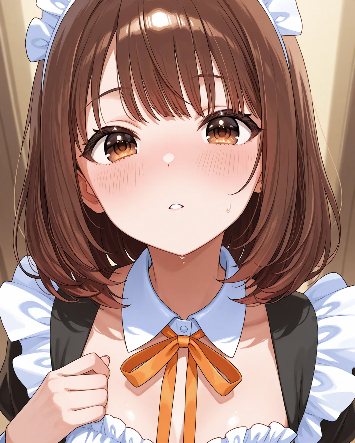 beautiful detailed eyes, yellow eyes, half-closed eyes, tareme, (1girl, aston machan \(umamusume\), umamusume), (opened big mouth, licking, Sticky tongue), nsfw, (close-up mouth), (curvy, Slender),(cleavage), from above, Highest quality, Super detailed, masterpiece, Ultra-high resolution, 8k, Embarrassing, blush, Lovely, (With tears in my eyes), Sticky saliva