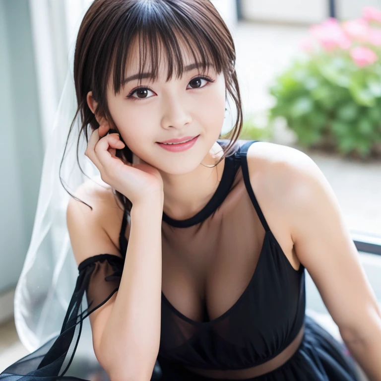 masutepiece, Best Quality, One girl, (Beautiful Girl:1.3), (20 years old:1.2), Very fine eye definition, (Symmetrical eyes:1.3), NSFW, (Highly detailed mini dress with open neckline:1.3), Beautiful breasts, Brown eyes, Parted bangs, Brown hair,Background outdoor、chain and lock choker、full bodyesbian、Smile、squatting down