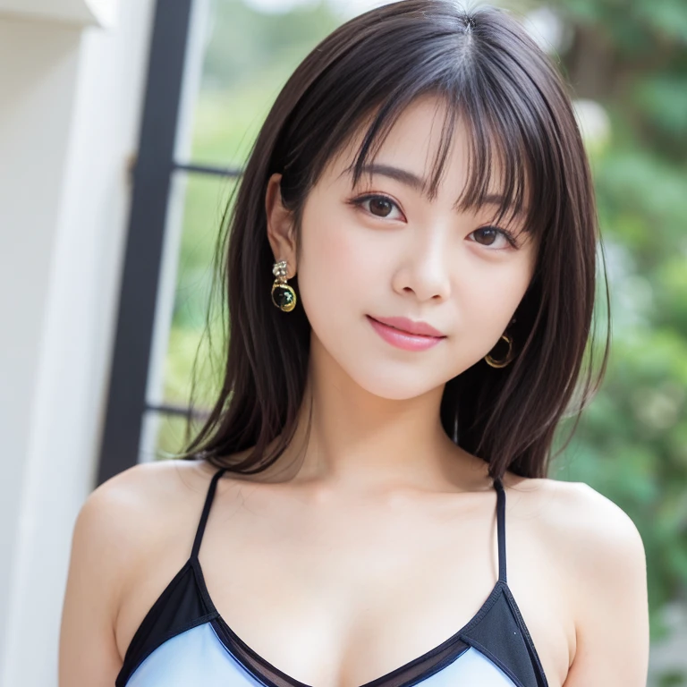 (((Navy bikini with small dots:1.35)))、Adorable, 19 years old, Japanese, upper_body, (White blouse), Curly Hair, ,Earrings, RAW Photos, Highest quality, (Photorealistic), blush,(smile:0.8)