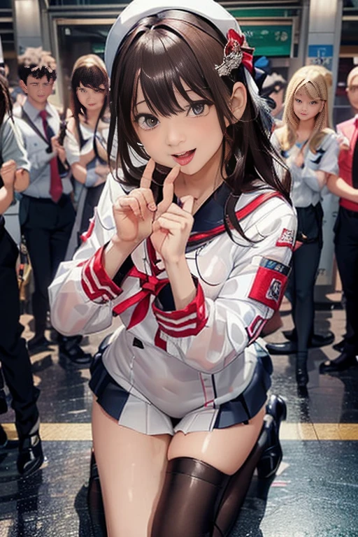 (((top-quality)), ((masterpiece)), Pitch Resuit、Adult Woman、Sobbing tears、-through、knee high white、pantyshot、(cum in vaginas:1.3)、cum in mouth.、uterus、urethra、Large crowds、Stadium、Attention、 Lift Skirt、 One Piece Dress 、underboob, Wet_Clothes 、, (shiny skins, perspired:1.2),、 Large crowds, black hair, Brown-eyed,,,,depth of view,The eyes are delicate,Sharp pupils,,、A slender、(thick、Rabbit ears