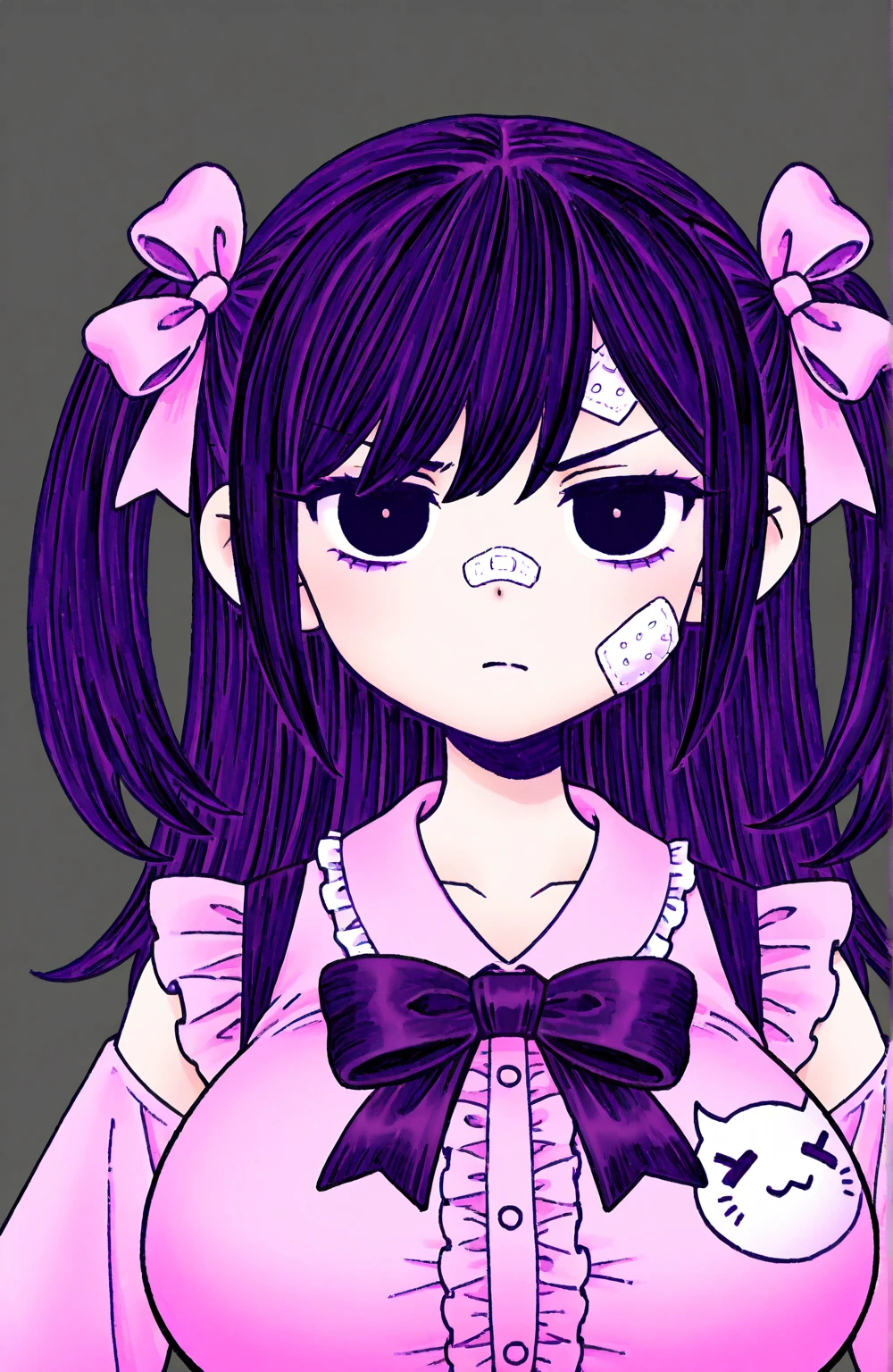 masterpiece, ultra detailed, 8K, full body shot,, a girl, kawaii, light atmosphere, (Cute a girl:1.5), (a girl with closs hair pin, pale purple hair, wavy two braids, blunt bangs hair, green and black eyes empty eyes, yandere, closs hair pin,
pink shirt,cosplay, jirai kei, bangs, black skirt, black bow, looking at viewer, bow, long sleeves, choker, ribbon,portrait  shotportrait:1.4), anime visual, (tilt head:1.3), extremely delicate face, realistic lighting and shading, (an extremely delicate and beautiful art:1.3),rough toutch drawing,Watercolor painting, a girl, Slender girl with small breasts,from back, 