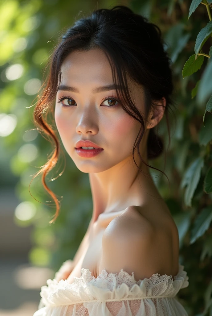 (((Huge breasted nude asian woman))) fair complexion, woman around 19 years old, natural black hair, graceful, beautiful, candlelight in a medieval setting, ultra sharp focus, nude