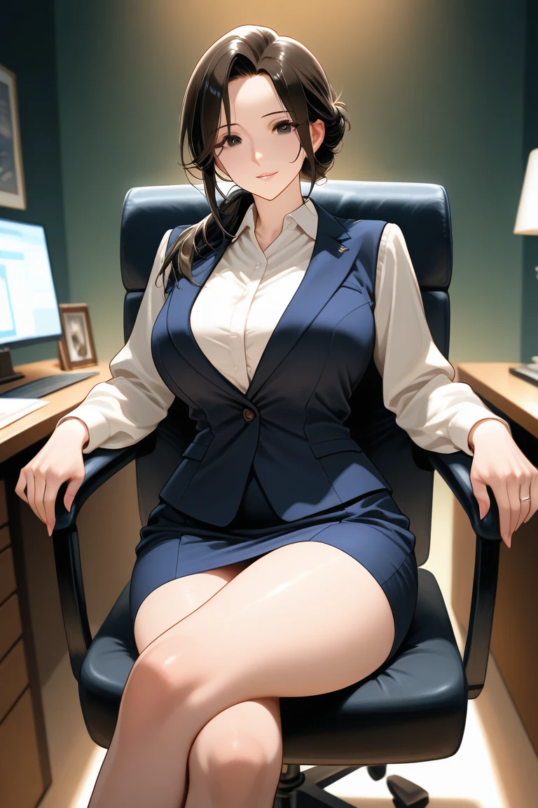 (extremely details CG, Unity, 8K Wallpaper extremely delicate and beautiful), (​masterpiece), (top-quality:1.0), (超A high resolution:1.0), ((perfect proportion shot:1.0)), beautiful vibrant lighting, realistic shadow, [high resolution], pretty face, slanted eyes, blue contact lens, sharp angled brow, 31 years old, arrogant expression, ((light brown hair)), ((short hair)), (((medium breasts size))), plumpy body shape, office, office stuff, dynamic angle, bright purple suit, ((outer formal office suit)), opened suit, ((short skirt)), cleavage, office desk, ((waist up shot)))