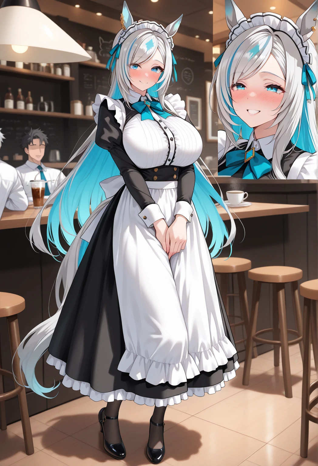 (Masterpiece), (Best quality),A high resolution, Ultra detailed, esdeath, Long hair ,Blue hair, Blue eyes, Peaked hat, Detailed background, cafe shop,high waisted skirt, Black pantyhose, (Black sweater), full bodyesbian
