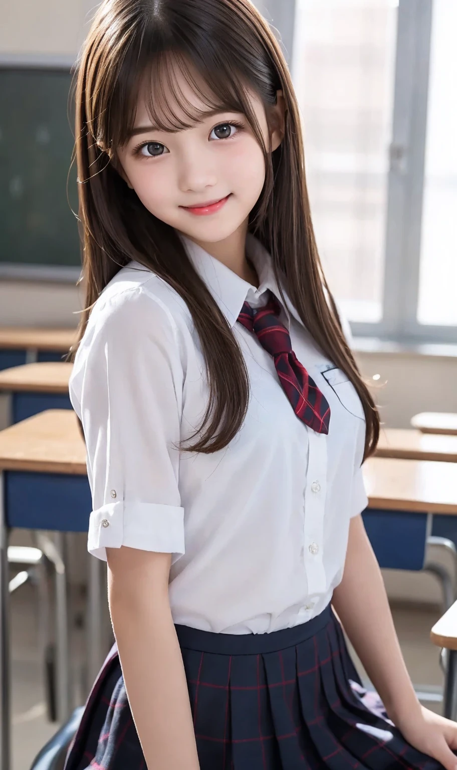 (Tabletop, highest quality:1.2), 8k, 18-year-old, 85mm, Official Art, RAW Photos, Absurd, White dress shirt, Pretty face, close, Upper Body, Violet, Gardenias, beautiful girl, , (navy pleated skirt:1.1), Cinch waist, Thighs Thighs Thighs Thighs, Short sleeve, classroom, Sculpture Pose, View your viewers, No makeup,smile, Film Grain, chromatic aberration, Sharp focus, Face Light, Bright lighting, , Detailed face, Background bokeh, (Dark red tie:1.1)、Medium chest、Thin face