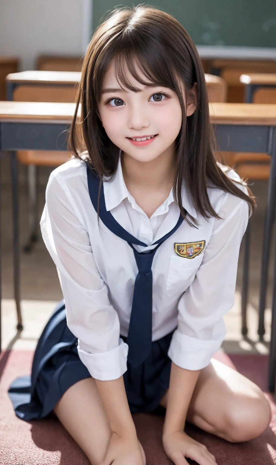 lens: 135mm f1.8, (highest quality),(RAW Photos),, classroom, uniform,cute, smile, Close-up, 