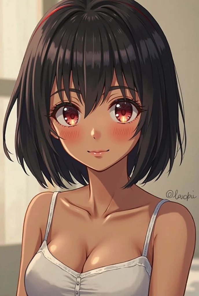 A brunette girl with side bangs all black medium hair In anime Small breast, Dark skin 