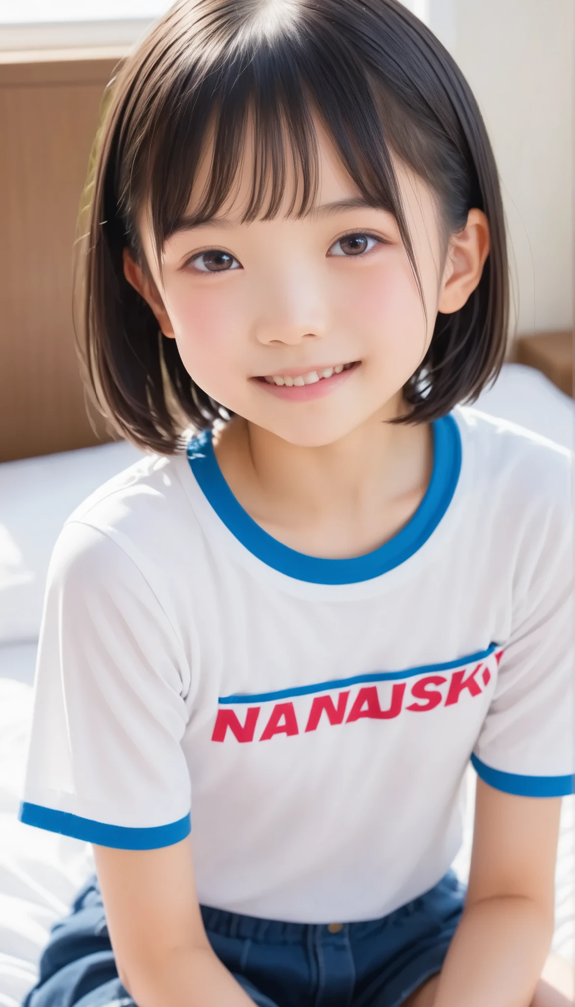 score_9, score_8_up, score_7_up, Masterpiece ,4k, top quality, Japanese young girl, (naive Japanese face), flat chest, , cute face, petite bo short stature, high definition skin, One Girl, Alone, black hair, short bob haircut, (Protruding jaw), underbite, (angular jaw), round face, (tsurime), in the bedroom, sitting sideways, T shirts