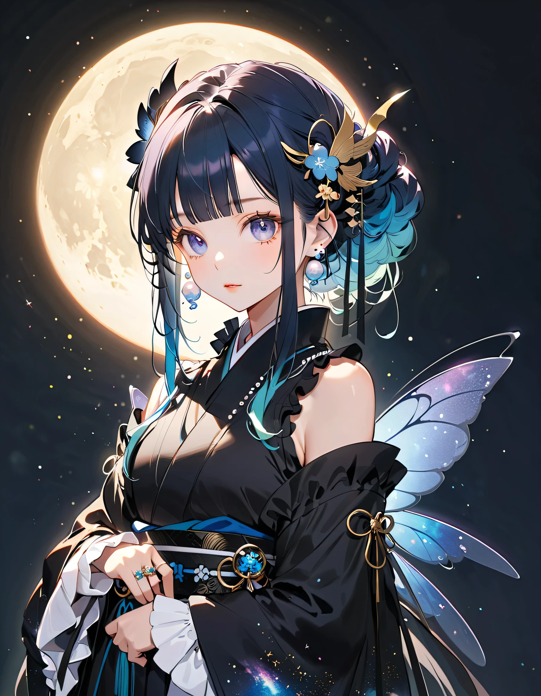 1girl,pretty face、Baby Face、(((Best Composition、Highest Quality、masterpiece、Super Detail、after being played in high definition、CG、16k、HHD)))、 Clear Outline 、Character Design、starの妖精、(((hair color/Milk white and blue gradient hair color)))、(((Hairstyles/Long front and short back、個性的でかわいいHairstyles)))、(((hair ornament/頭のてっぺんにuniverse柄の大きなリボン)))、(((accessory/starの形をしたチャーム)))、(((fashion/Gothic ta kimono, a remake of Japanese clothing and Gothic ta、Short length with frills、Frills around the neck、Putting out your shoulders 、濃紺とオレンジ色のuniverse柄、Long sleeves、The cuffs are widened)))、Small, semi-transparent fairy wings in seven colors growing from the waist、、 VTuberCharacter Design 、 glitter、 detailed eyes 、Delicate lines of hair,starのモチーフ、Mevius ring earrings、diamond、Pearl、Starry Hair ,universe、Milky Way、star、流star群、Mevius ring earrings、diamond、Pearl、Starry Hair ,