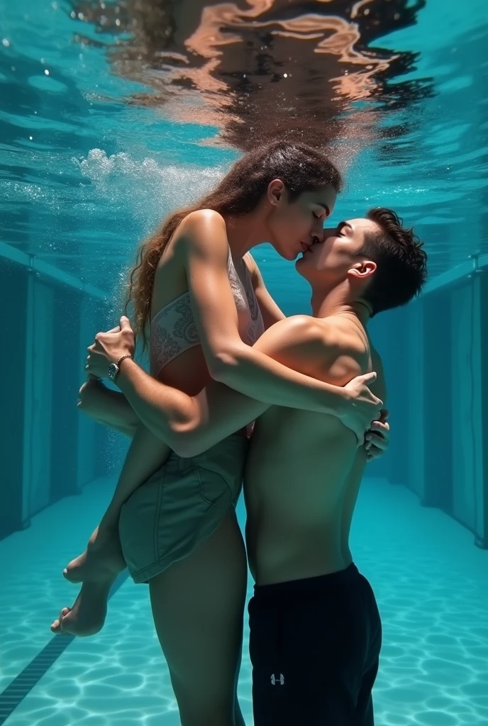 image of a man in a shallow pool holding a girl in a bikini lying in his arms.