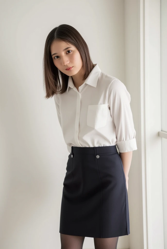 ((Low angle shooting、Viewing angle from below、Highest quality、masterpiece、32k、Every detail counts))、Descend the outdoor stairs、commute、whole body、Very tight camisole、Strong winds、(((A strong wind blows my hair and skirt away:1.62)))、One Girl、(((The shoulder strap of the bag can be worn diagonally across the body:1.4、mini skirt, No underwear:1.22、Big Breasts、barefoot)))、