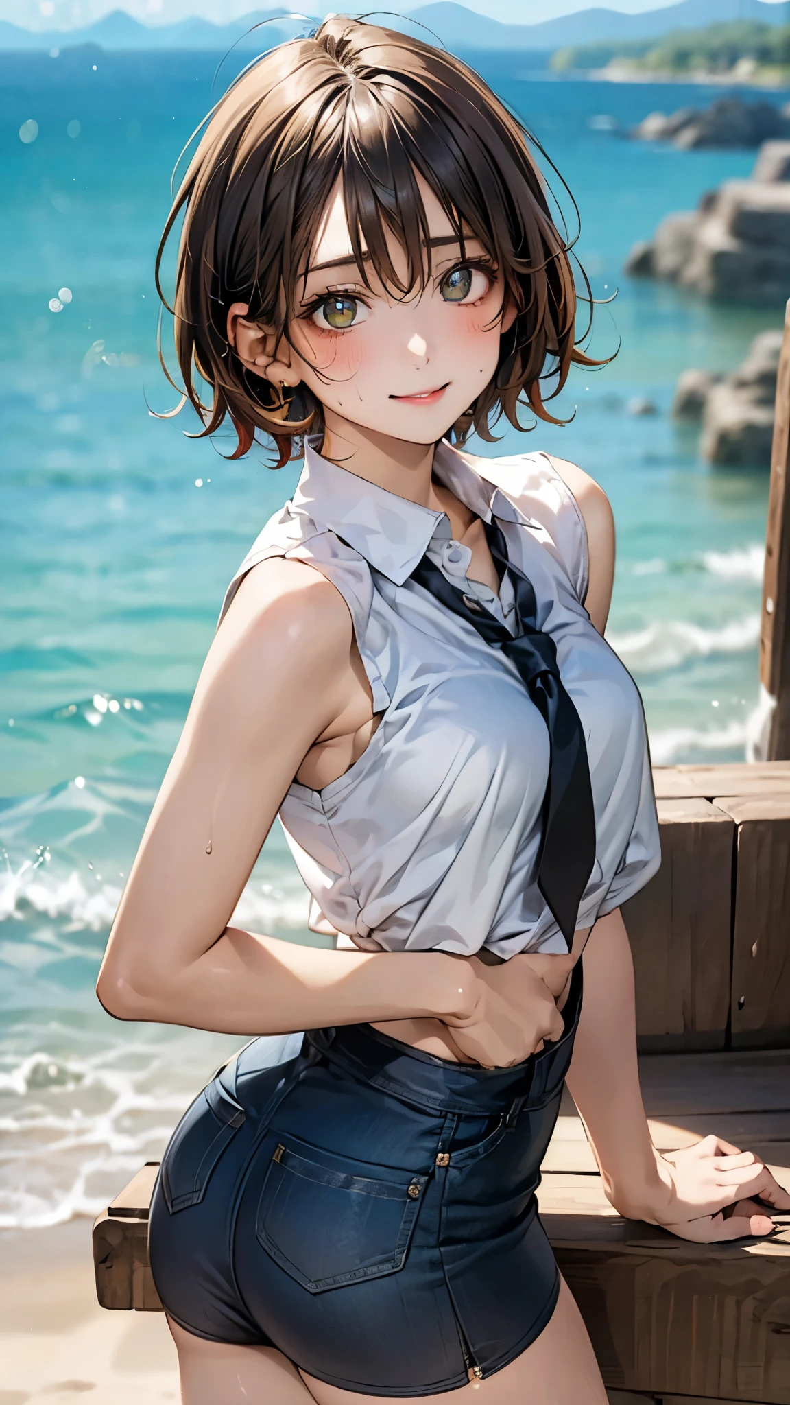 (masterpiece:1.3, top-quality, ultra high res, ultra detailed), (realistic, photorealistic:1.4), beautiful illustration, perfect lighting, natural lighting, colorful, depth of fields, 2025s, nsfw,
beautiful detailed hair, beautiful detailed face, beautiful detailed eyes, (perfect fingers, five fingers, perfect anatomy, anatomically correct, super detailed skin), shiny skin, glowing skin,
looking at viewer, (face focus, cowboy shot), 1 girl, junior high school girl, obedient personality, cute and symmetrical face, perfect face, perfect eyes, perfect body, (babyface:1.2), cute face:1.2, round face, (tiny:1.2),
(very short hair, pixie cut hairstyle, brown hair), blunt bangs, hair between eyes, lime-green eyes, big eyes, long eye lasher, (medium breasts, seductive thighs, large ass), (plump:1.1), skin dentation,
(detailed cloth texture), (sleeveless, midriff, white collared shirt), (denim tight mini skirt), (strappy cute sandals),
(beautiful scenery), summer, evening, (seaside:1.2), walking, (cute smile, , hollow eyes, lazy eyes), sweaty,