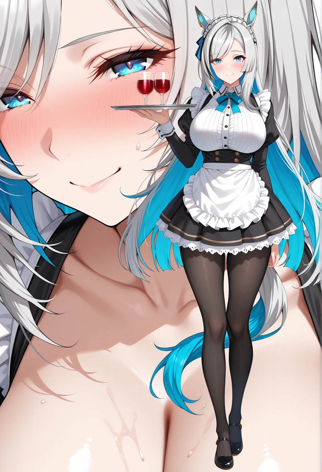 Slender girl with a long penis. high growth. futanari. long white hair. The breasts are large and partially visible through the bra. big, very long penis visible through clothes. She is dressed in a maid's costume. Her huge flaccid cock is stuffed into her stockings. legs spread to the side. Fully dressed in maid costume . Dick to the knees. She stands slightly bent forward, showing off the neckline.. Her penis is pressed against her thigh by a stocking. Member in stocking. huge breasts. Neckline on clothes. visible