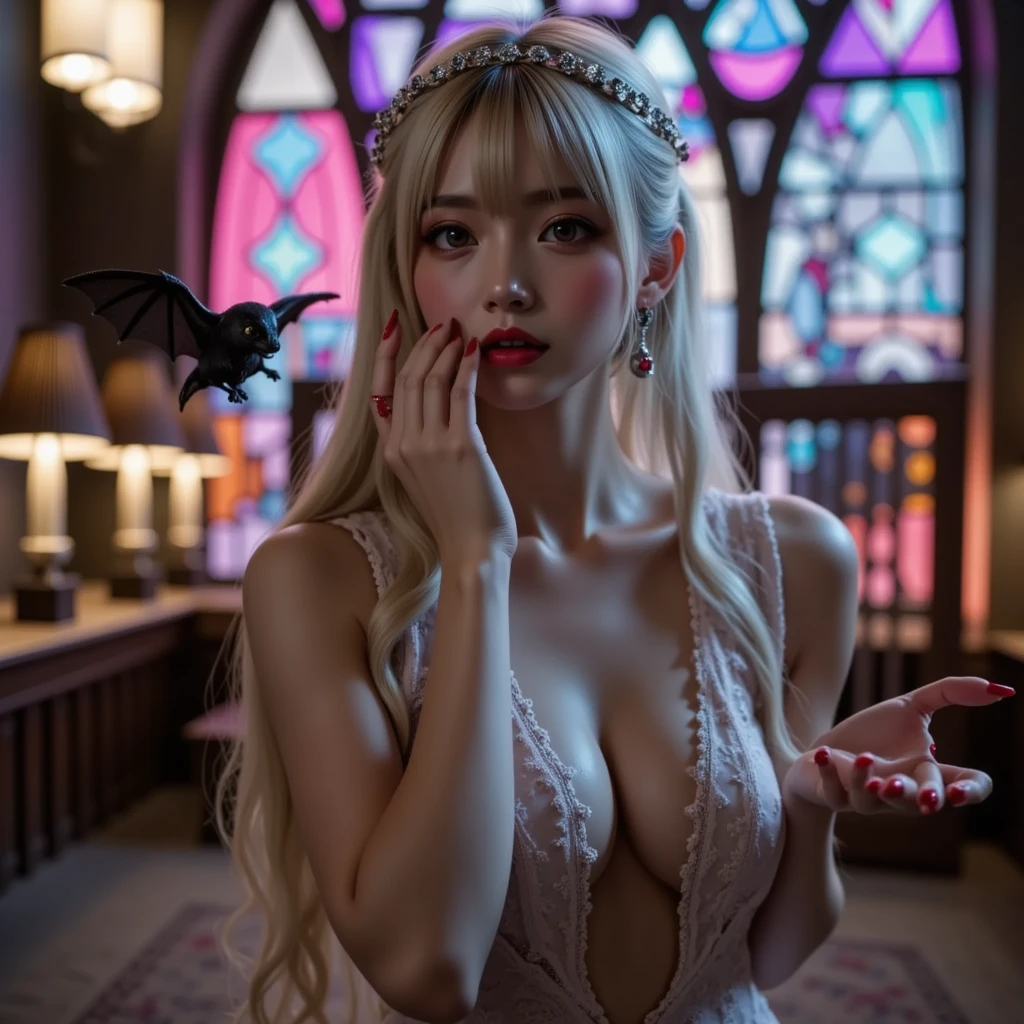 1 miniature Beautiful beautiful woman - Yuan Sayuki, ((top quality, 8K, Masterpiece:1.retty woman, 1 woman, huge breasts:1.3, a slim body:1.1, lush white Long hair, (shower, wet body, wet clothes:1.1), very detailed face, detailed lips, detailed eyes, double eyelids, Detailed blue eyes, чрезвычайно Detailed Outstanding Blue Eyes, short white wet hair, white wet hair, Detailed Outstanding Blue Eyes, innocent look at the viewer, very wet wavy white hair, Detailed Outstanding Blue Eyes, huge cross earrings, Outdoors, badges behind, gothic wedding uniform, sexy gothic style wedding dress with veil, bare chest, huge chest tattoo wearing a wreath, detailed huge earrings, chest tattoo, Outside - there are trees and a buddhist temple in the background, wear a silver cross (Detailed cross shape), reality mode, wet breasts, black necklace, black wedding dress and black veil, human crowd behind, head/forehead chain veil, black latex gloves, naked breasts, naked breasts, naked nipples, hair of white snowy colour, night time, red neon lights, demonic nun, horns, detailed dick, accurately depicted blowjob