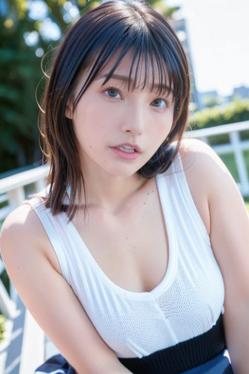Top quality, 1 beautiful woman, super short Hair, shy Smile, wearing tanktop, From Above