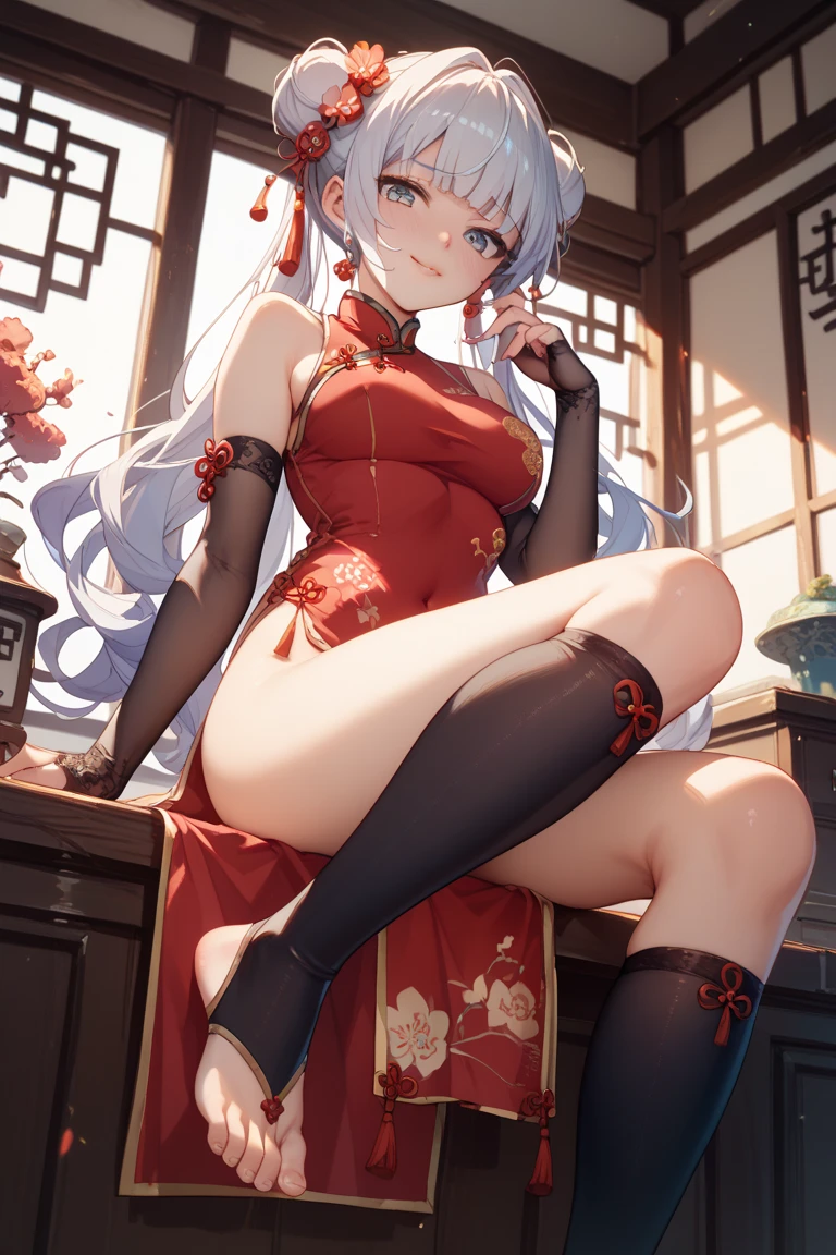 high resolution, adult woman , good lighting, despicable, , (no nudity), (((chinese dress ))), (()), ((())), (garter belt), (), , cute face, yo'I'm embarrassed and blushed, humiliating, ((Turn around and look back)), ((transparentes))()(T-back)(a large amount is in the body,),show your ass