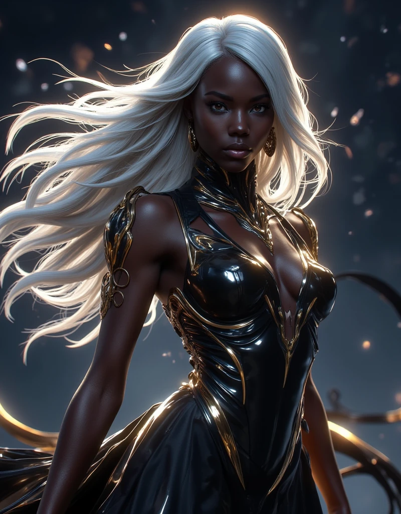 a beautiful detailed yellow-toned black girl in a high-fashion outfit, long flowing hair, striking pose, dramatic lighting, photorealistic, 8k, highres, masterpiece, cinematic
