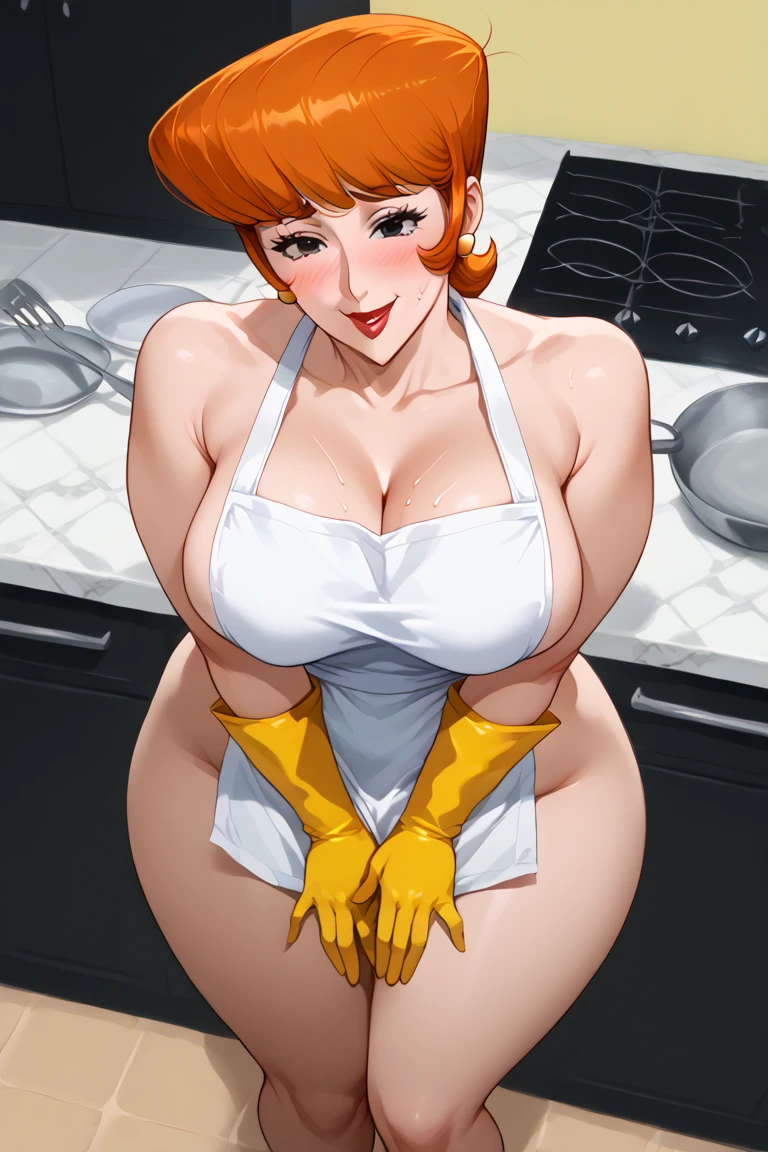 dextersmom, 1woman, sexy woman, mature, milf, huge breasts, large breasts, curvy, voluptuous, completely nude, nude, pussy, nipples, gloves, earrings, sweating, shiny skin, smile, standing, house, indoors