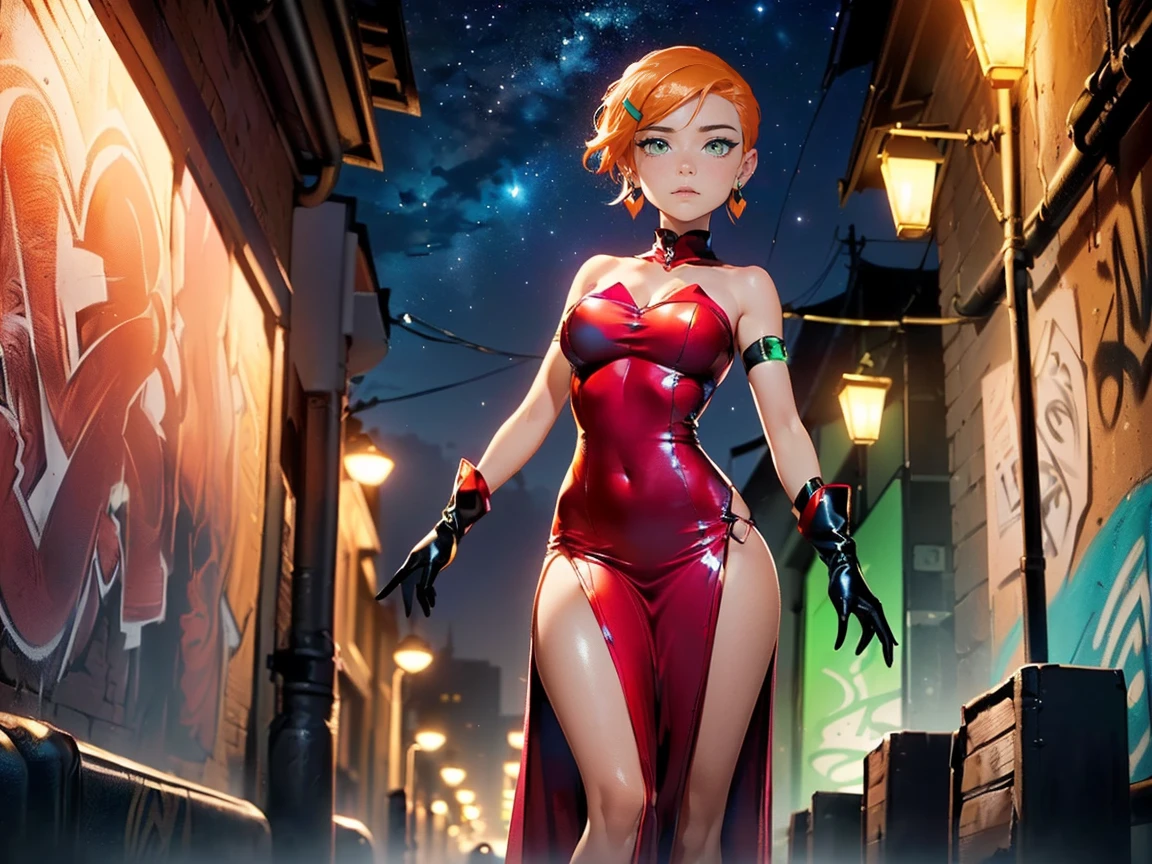masterpiece, best quality, 1girl, medium breasts, leotard, red leotard with white accents, sleeveless, midriff, bare legs, boots, matching boots, bracelets, city backdrop, solo, single, standing, full body shot, cowboy shot, beautiful detailed eyes, red hair, short hair, bob hair, superhero, glow, powering up, light particles