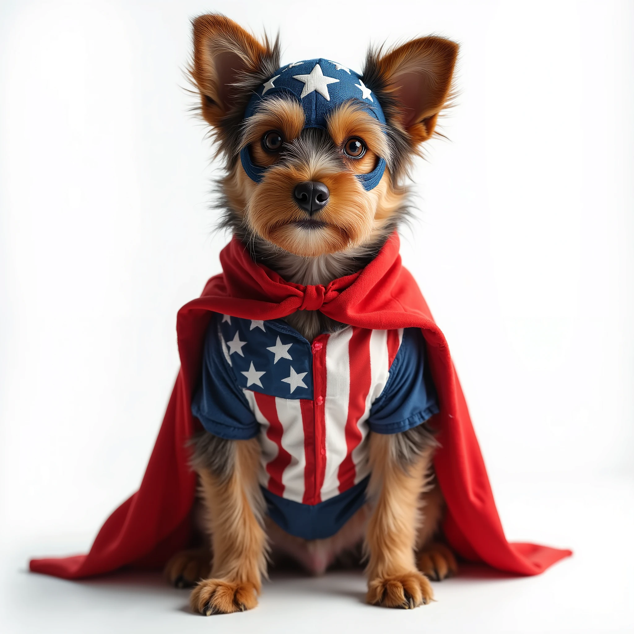 Photorealistic image of a dog wearing a patriotic superhero costume inspired by the American flag, standing proudly on a white background. The costume includes a red cape, blue mask with white stars, and striped outfit in red, white, and blue. The dog looks confident, like a hero, with detailed fur, sharp focus, and studio lighting. DSLR photo quality.