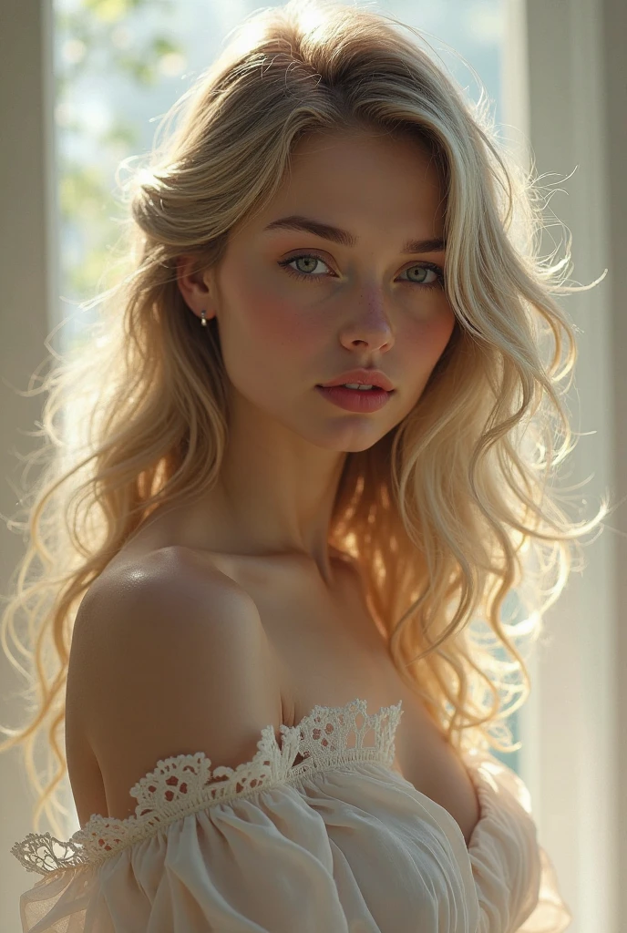 Extreme close shot of a blond woman, with an onion-like face with white skin and light blushes, long ondulating hair in a sophisticated structured asymmetrical messy updo, (tiny waist with very busty breast :1.4), pastel tones, torn up lingerie showing wide open cleavage, Victorian era, Victorian style photography, anthotype print