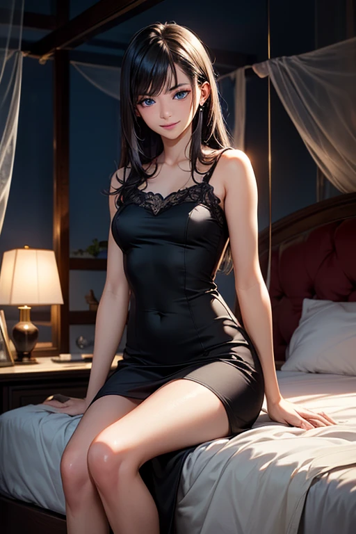 (8k, RAW photo, best quality, master:1.2), (realistic, photo-realistic:1.37), ultra detailed, 1 girl, cute, solo, beautiful detailed sky, detailed face, night, (nose blush), (smile: 1.1), big breasts, beautiful and detailed eyes, buttoned undone, (chest wrap: 1.1), pleated skirt, (short hair: 1.2), eye shadow, round face, big eyes, full body photo, bare shoulders, indoor, lying in bed, M legs