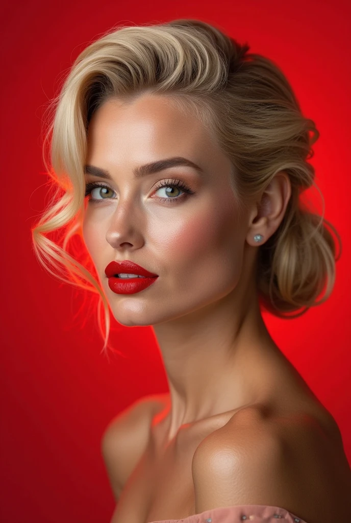 hyperrealistic beautiful busty 19-year-old woman with long legs wearing shiny red satin underwear, model shooting full body photography, bleached blonde very long straight updo hair, soaky wet skin, dark eye makeup with eyeliner, seductive smile, red lips, 8K, Best quality, Meisterwerk, ultra high resolution, (Realismus: 1.4), Originalfoto, (realistische Hautstruktur: 1.3), (Filmkorn: 1.3), (Selfie-Winkel), 1 girl, Beautiful round hazel eyes and facial details, Meisterwerk, Best quality, indoor photography, nsfw
