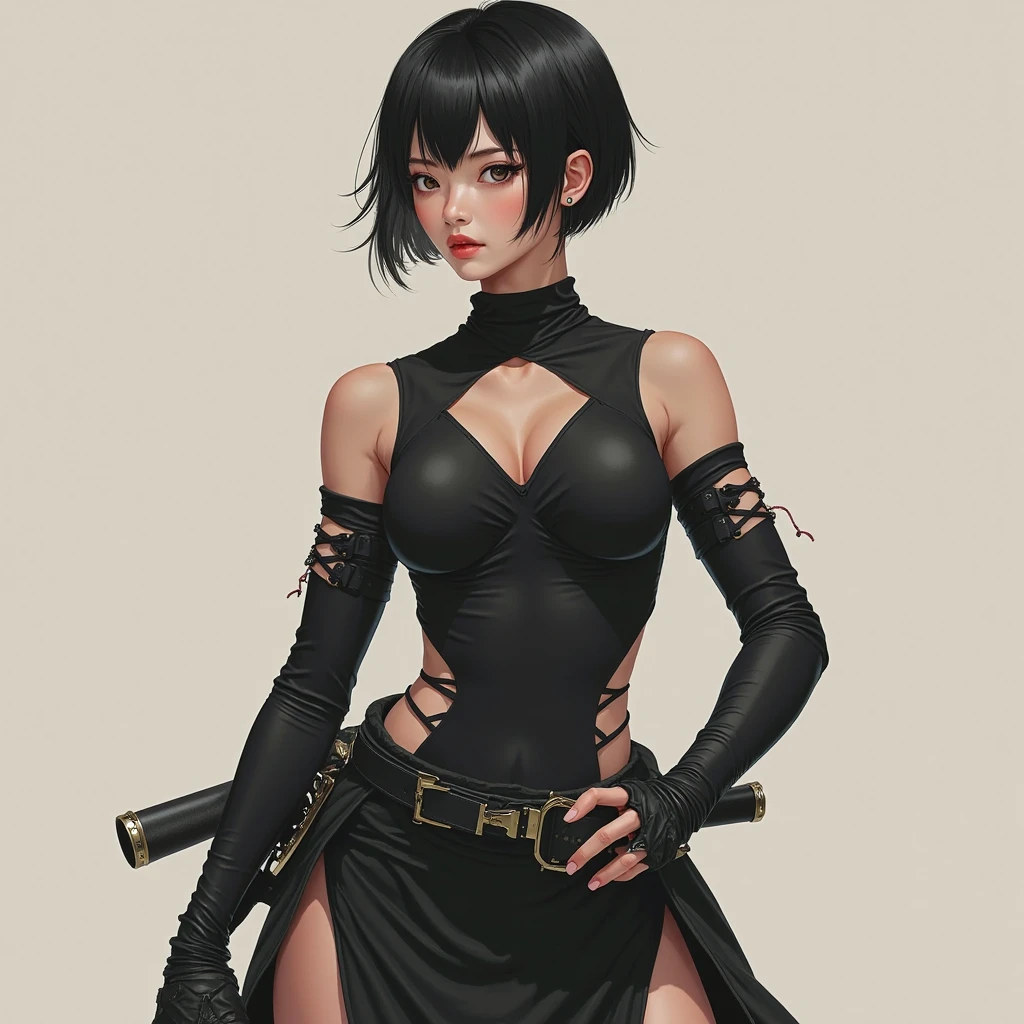 Tekken-style female character, yellow eye irises like a snake's, short black gothic style hair with long bangs passing from the shoulders, soft bangs on the forehead and short back haircut exposing the nape of the neck, soft cornrow near the ear with a small black rose adorning the hair, wearing elegant gothic dress