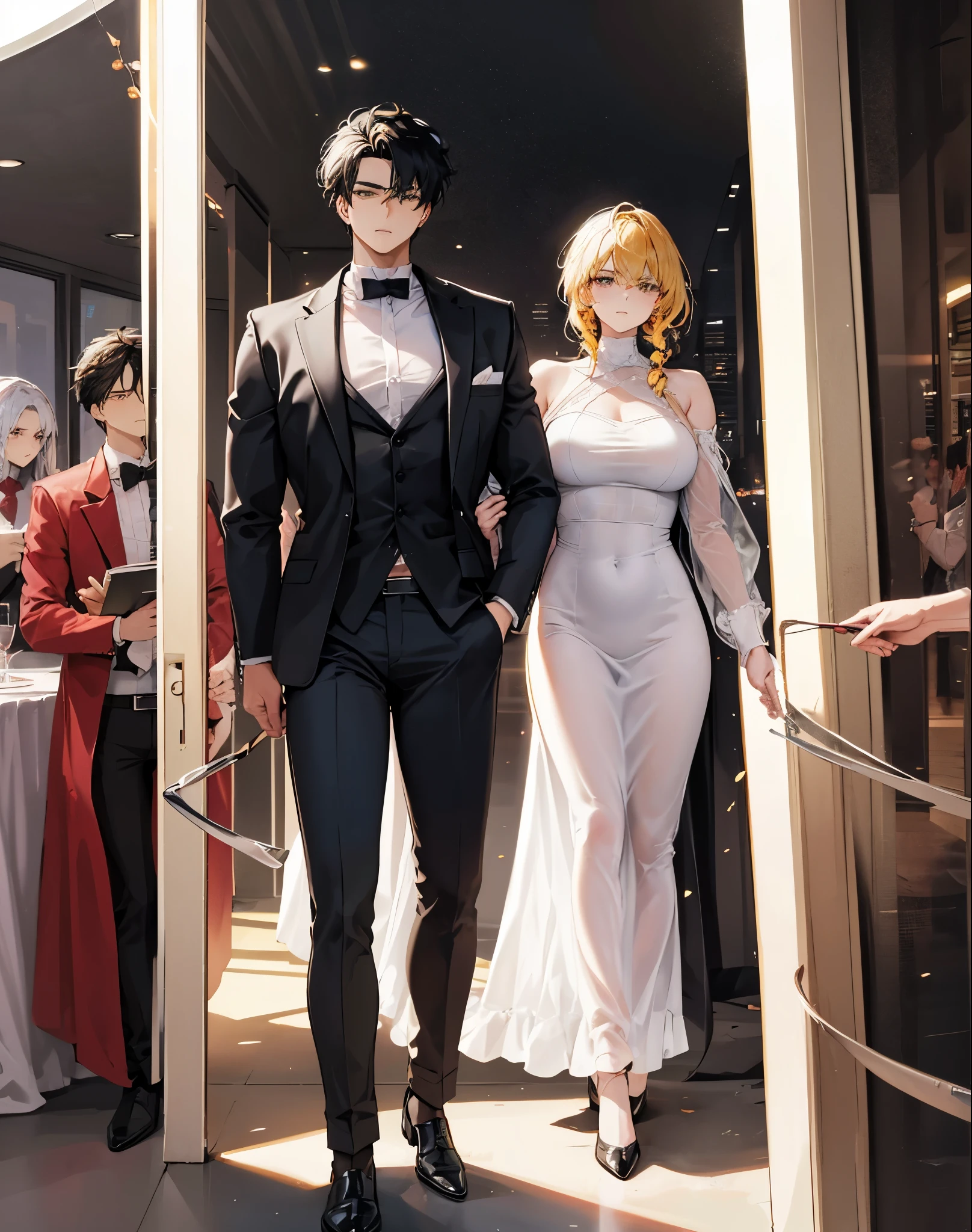 hazelnut colored eyes. sunny-colored hair. 180cm 75kg. 265 foot cm. Tightened idol body. ratio of non-women is good. Men's Natural Garma Perm. red wine-colored shirt. black suit. Expressionless face.  intelligent . guy 1, male,