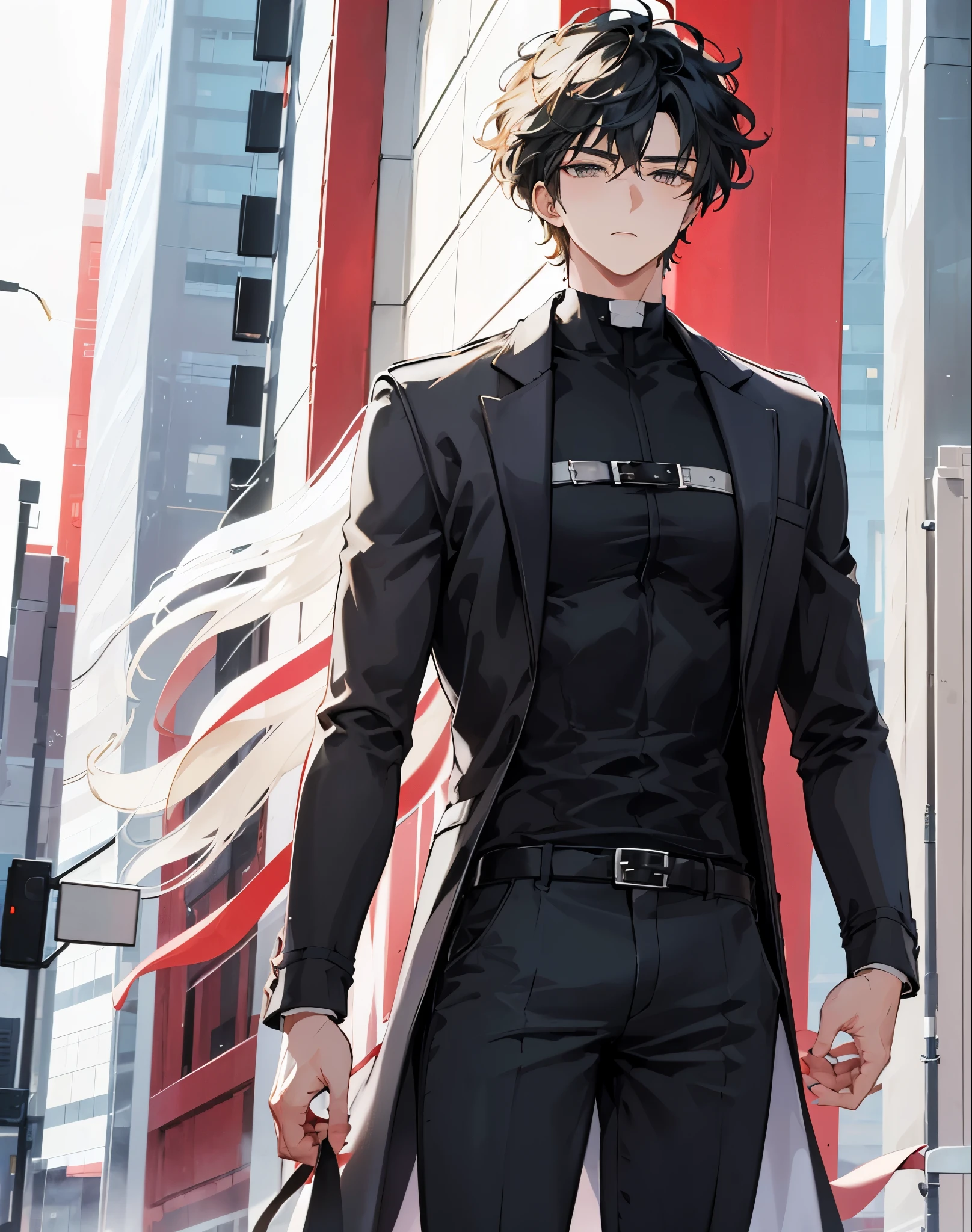 hazelnut colored eyes. sunny-colored hair. 180cm 75kg. 265 foot cm. Tightened idol body. ratio of non-women is good. Men's Natural Garma Perm. red wine-colored shirt. black suit. Expressionless face.  intelligent . guy 1, male,