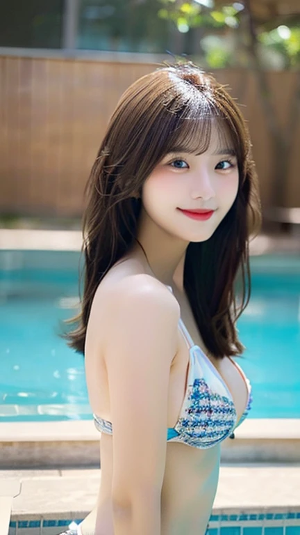 masutepiece, Best Quality, Illustration, Ultra-detailed, finely detail, hight resolution, 8K Wallpaper, Perfect dynamic composition, Beautiful detailed eyes, maikurobikini,Medium Hair, Small , Natural Color Lip, Bold sexy po,Smile,Night Pool、20 years girl、Cute