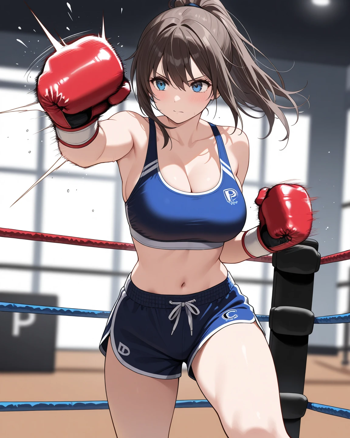 Short-cut mocha brown woman. Wearing a blue sports bra and blue boxing gloves. Refreshing smile. The background is a dark bedroom. sit-up