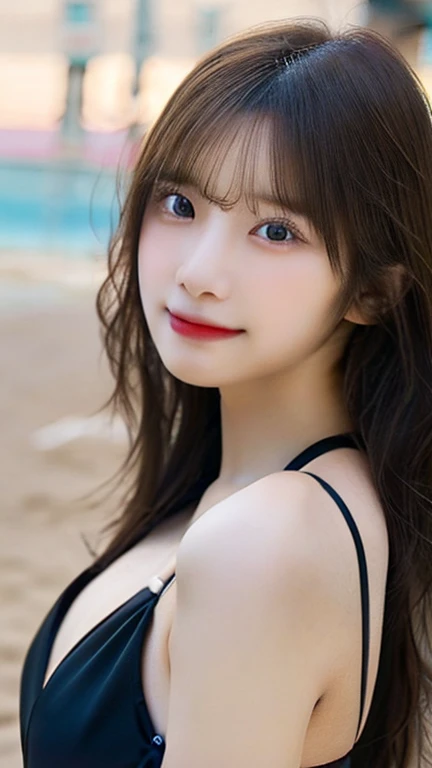 Highest quality, (beautiful)、Micro Bikini、Soft 、Larger breasts、Close-up、smile、Beach、night