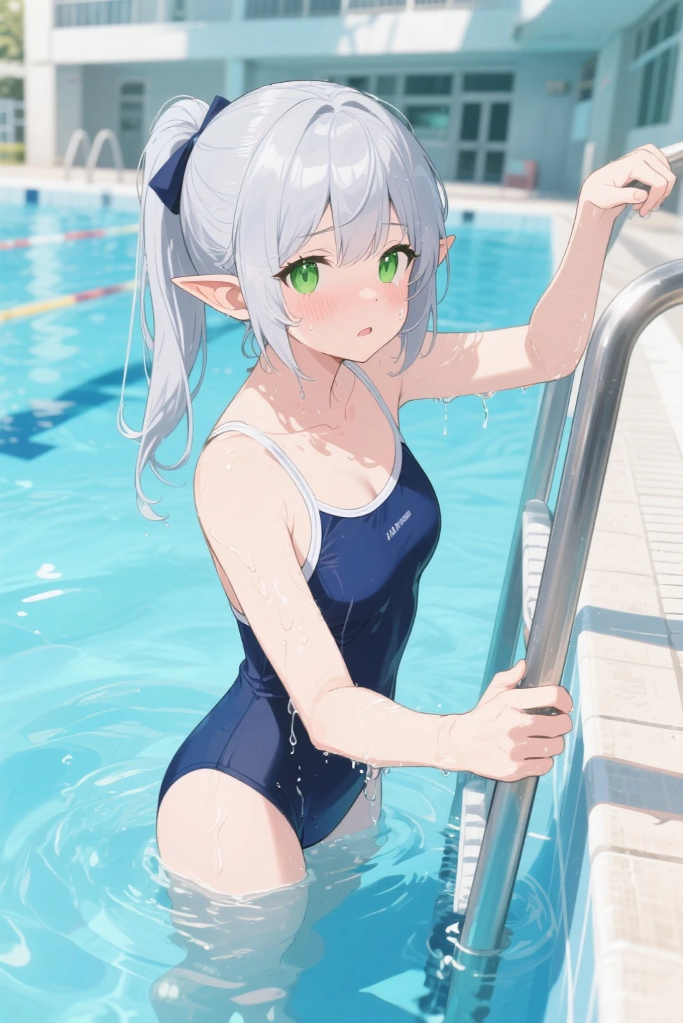 ((Embarrassing)), ((Put your hands on your chest)), ((Slouched)), 1 Whole body of a girl, elvish, ((silber hair)), Red Eyes, bob cuts, Braided hair, ((School swim wear)), One Piece Swimsuit, Navy blue swimsuit, Outdoor pool, slim figure, speculum, gender change, concept-art, beautiful anime scene, Beautiful anime scenery, top-quality, ​masterpiece